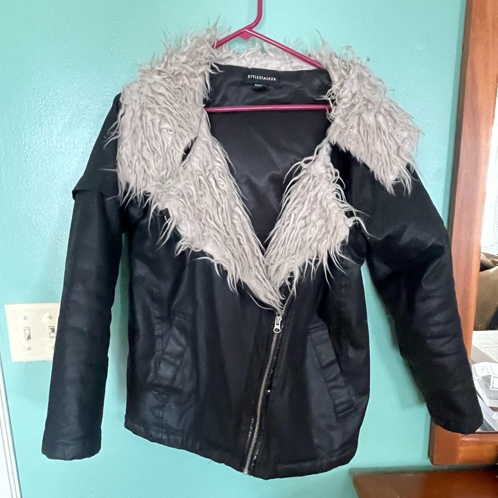 Womens coat, leather look, with shag collar and hood